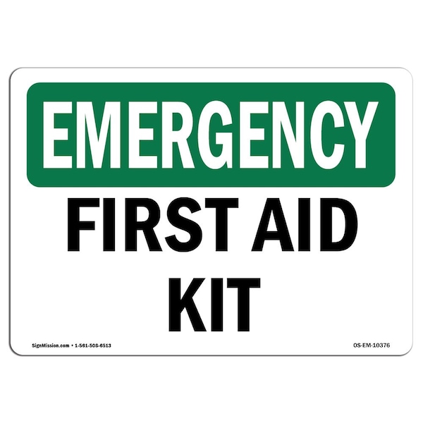 Safety Sign, OSHA EMERGENCY, 3.5" Height, First Aid Kit, Landscape, EM-D-35-L-10376-10PK
